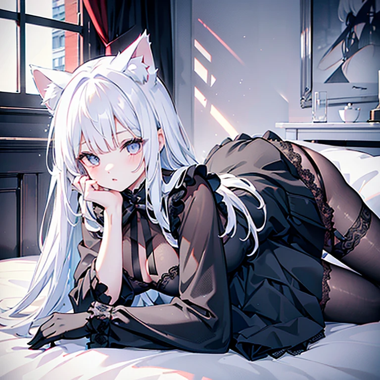 Cute pure white haired 18 year old cat ears girl wearing black lace dress and black lace short skirt and black stockings with black panties，Sit on the bed face very very very very red upskirt，Doing the kissing action ，There are no defects in the whole body，The whole body is in the picture 