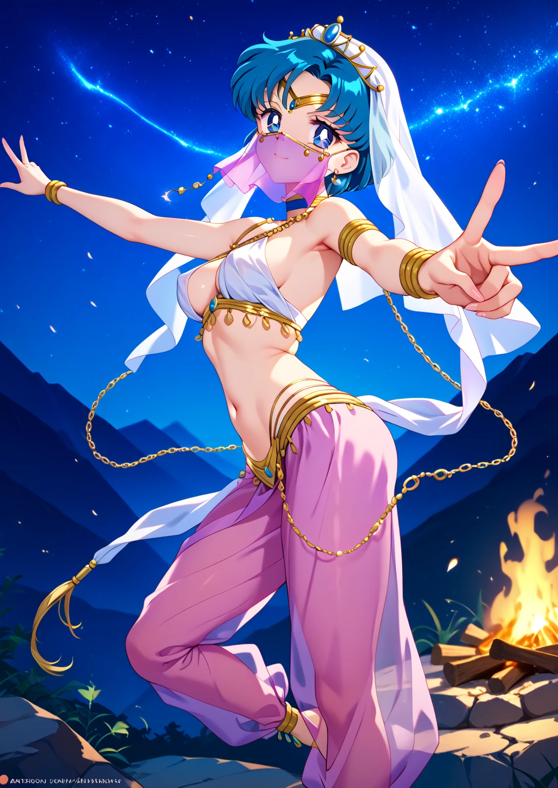 aamercury, sailor mercury, short hair, blue hair, tiara, earrings, blue eyes, blue choker, small breast, from side, belly dancing,  (white veil, thin mouth veil,) gold chain from nipple, beads, spangle, circlet, neck ring, thighlet, gold trim,(naked harem pants, translucent pastel pink harem pants, thin veil over breasts,) arched back, face up, twisted torso, pointing up,outstretched arms, spread fingers, looking back at viewer, knee up, tiptoes, head steam, sandal, (light smile, shushing,) , cowboy shot, darknight, lit by bonfire, desolate rocky mountain, starry sky