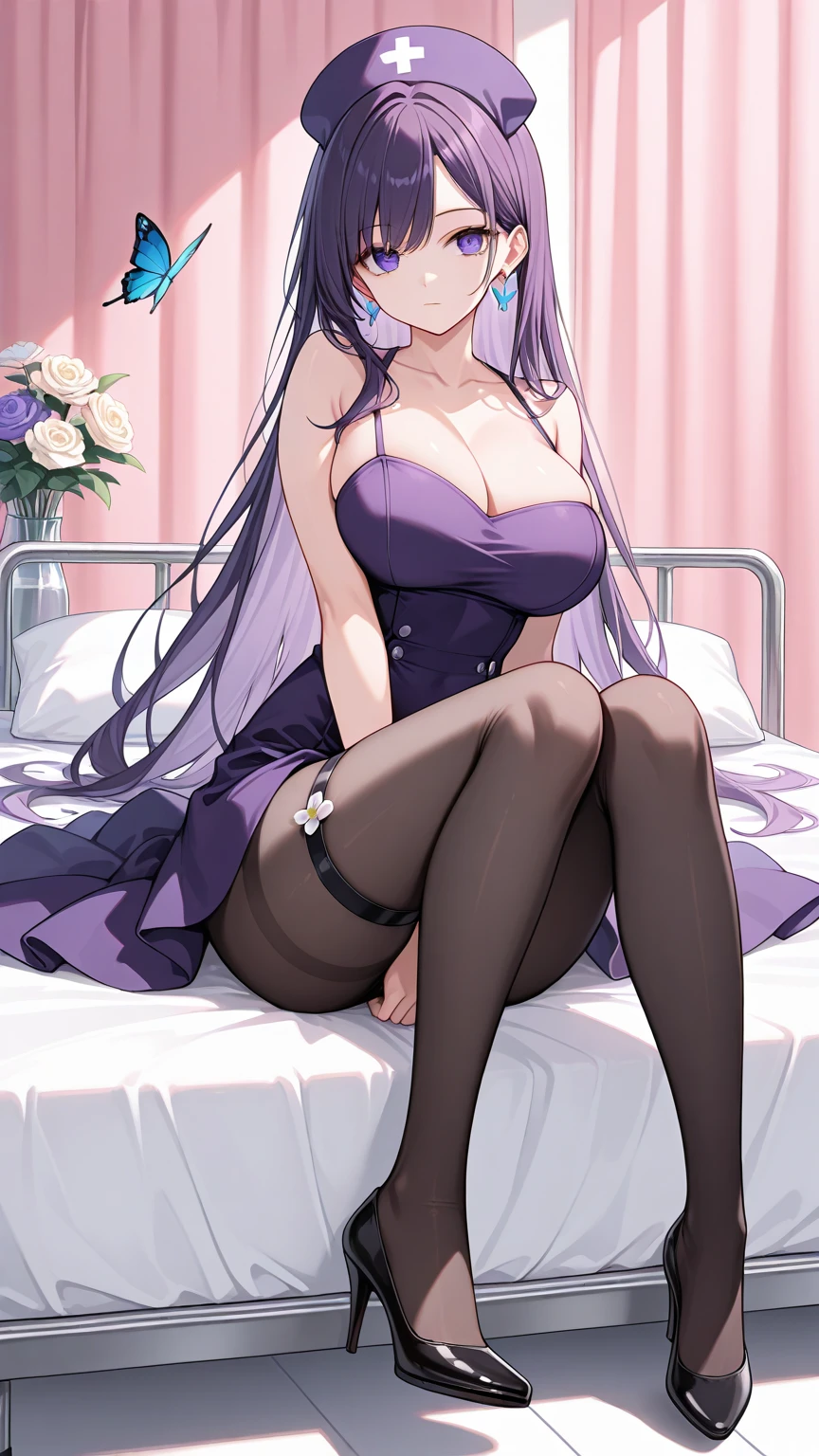 1girl,Alone,long hair,breasts,looking at viewer,bangs,large breasts,hat,dress,cleavage,bare shoulders,jewelry,sitting,closed mouth,collarbone,full body,purple hair,flower,thighs,earrings,indoors,high heels,parted bangs,bed,thigh strap,on bed,bug,butterfly,purple dress,between legs,hand between legs,nurse cap,nurse,hospital bed,Huge breasts， black pantyhose 