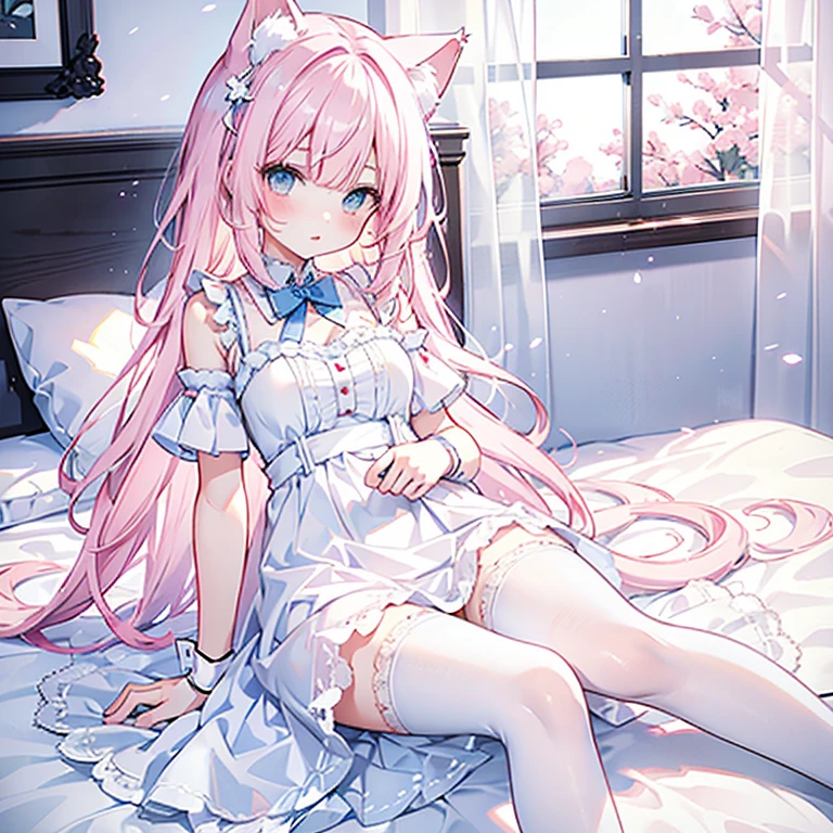 Light pink hair and light blue hair intertwined 18 year old cat ears girl wearing white lace dress and white lace skirt and white stockings with white panties，Sit on the bed face very very very very red upskirt，Doing the kissing action ，There are no defects in the whole body，The whole body is in the picture 