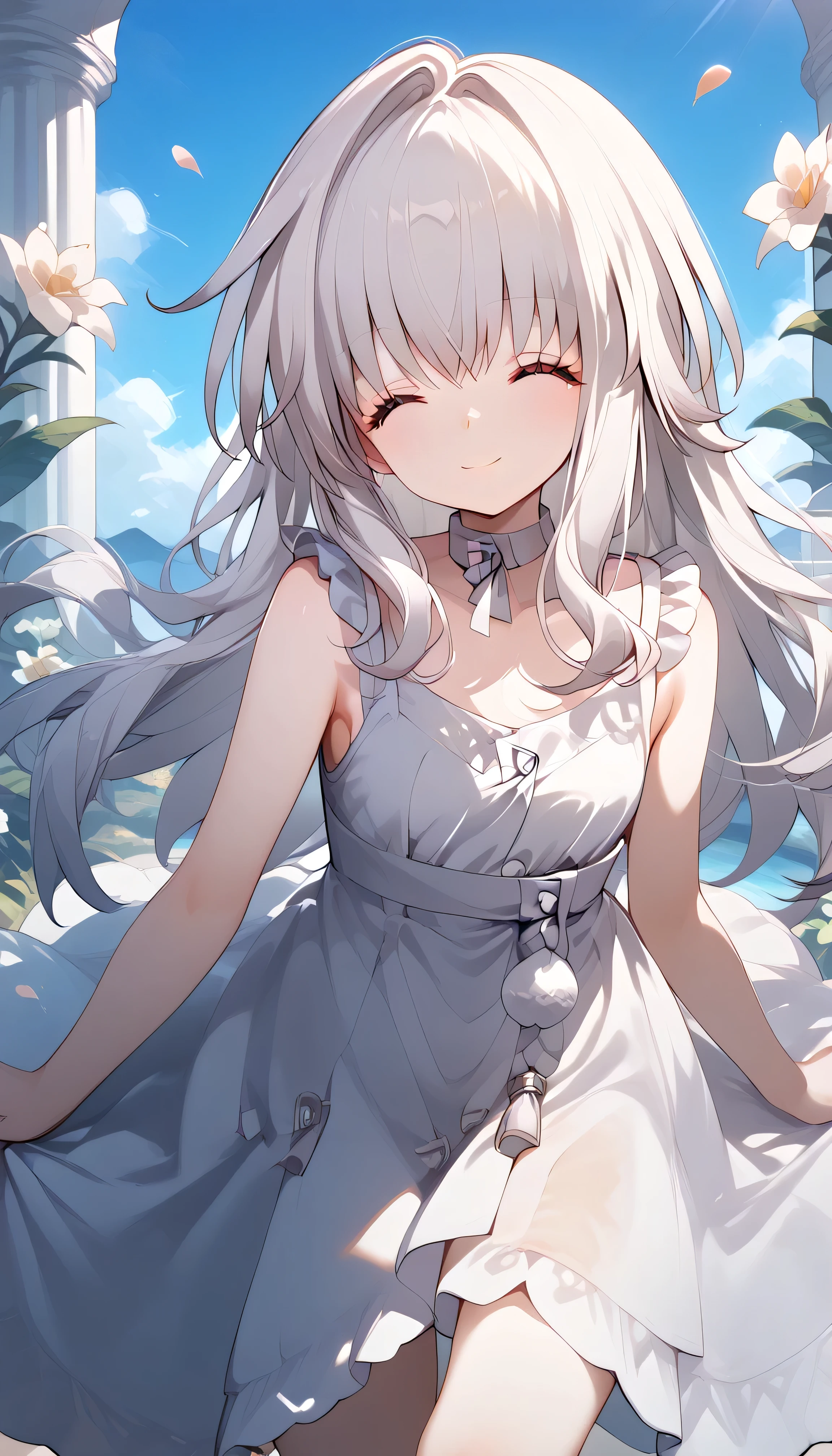 clara (honkai: star rail), 1girl, long hair, white hair, closed eyes,　Alone,  eyebrow visible from inside hair ,  hair between eyes　 top quality, very aesthetic, sundress　smile　summer　in the flower garden　grassland　flower　in the sky　petal　outside　Sunlight　口を開く　幸せ　楽しい　嬉しい