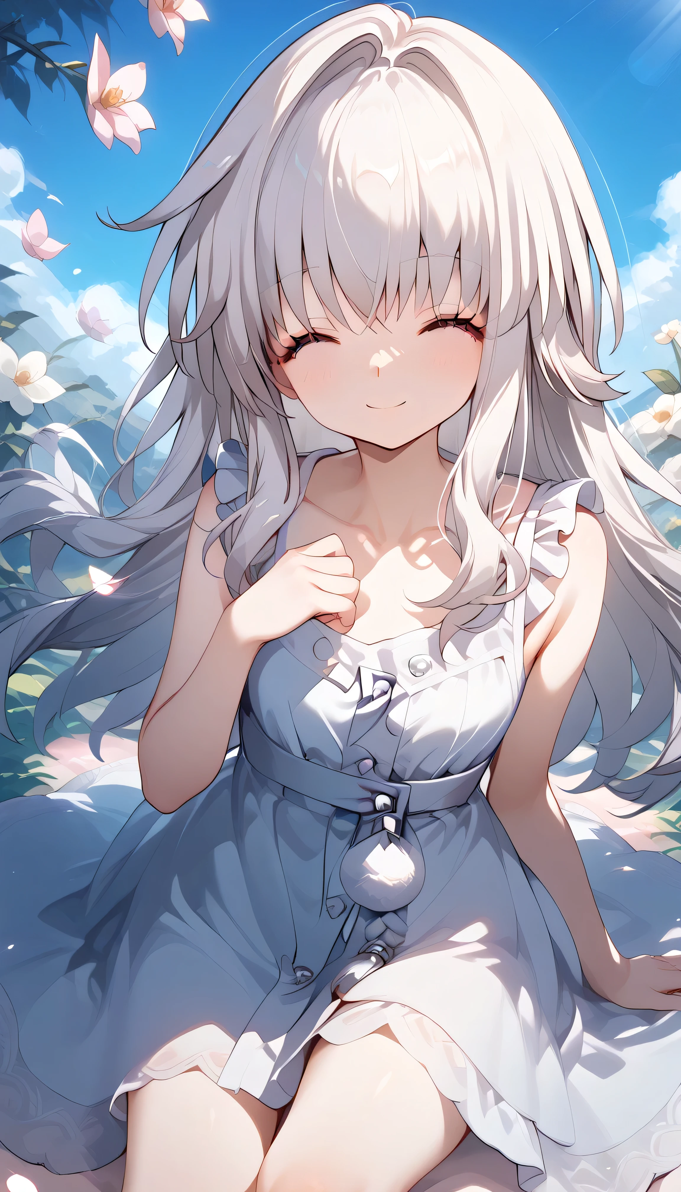 clara (honkai: star rail), 1girl, long hair, white hair, closed eyes,　Alone,  eyebrow visible from inside hair ,  hair between eyes　 top quality, very aesthetic, sundress　smile　summer　in the flower garden　grassland　flower　in the sky　petal　outside　Sunlight　口を開く　幸せ　楽しい　嬉しい