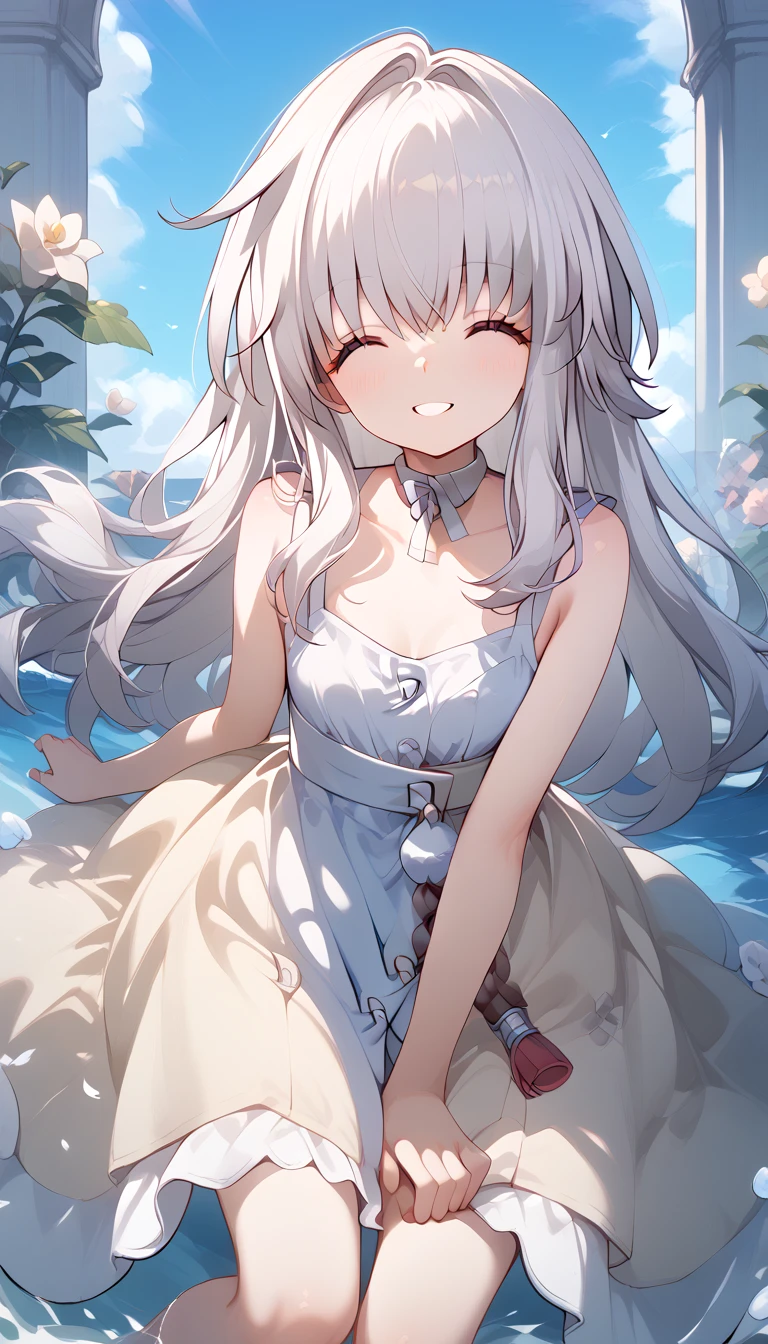 clara (honkai: star rail), 1girl, long hair, white hair, closed eyes,　Alone,  eyebrow visible from inside hair ,  hair between eyes　 top quality, very aesthetic, sundress　smile　summer　in the flower garden　grassland　flower　in the sky　petal　outside　Sunlight　open mouth,　幸せ　楽しい　嬉しい