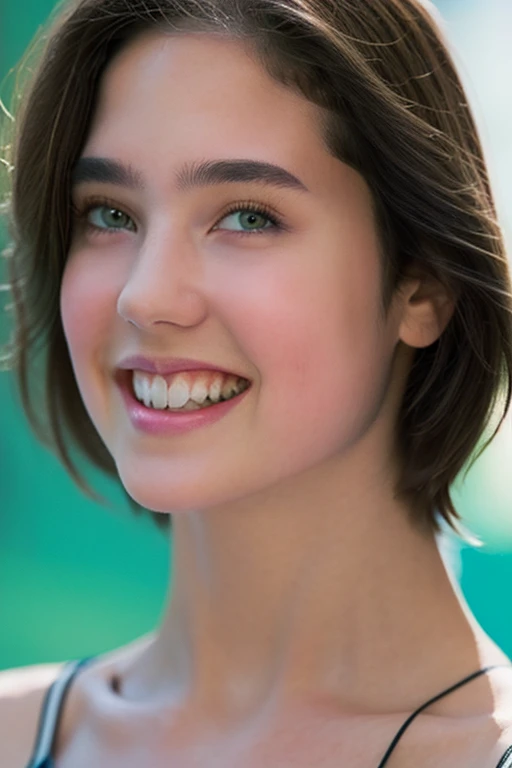 The beauty of 8K raw photos:2.0, short hair,, great face and dark eyes, stare at the camera, upward glance, A big smile, show teeth, kneel down, （Green Sportswear:1.2), realistic:1.9, very detailed CG integrated 8k wallpaper, very detailed, High resolution RAW color photos, cowboy shot, professional photos, Shooting in the gym, girl sexy portrait