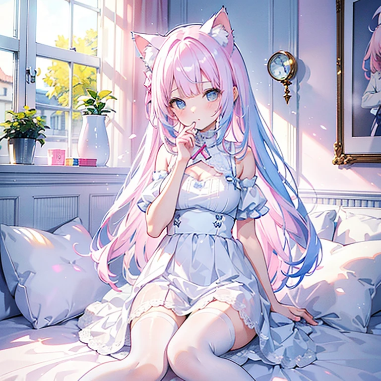  18 years old cat ear girl / hair color is : light pink hair and light blue hair interwoven ； wearing is : white lace dress and white lace miniskirt and white stockings with white panties；movement is :Sitting on the bed with face very very very red doing kissing action；There are no defects in the whole body，The whole body is in the picture 