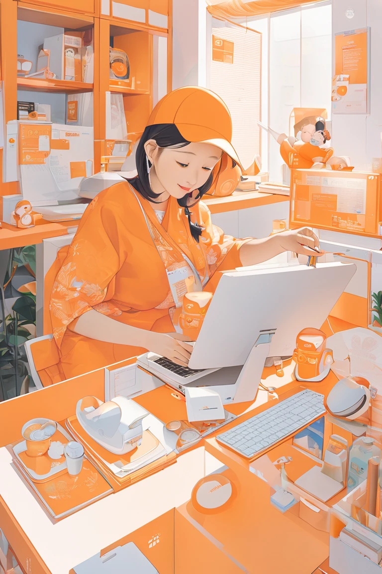  woman working on side jobs 、Mother、Computer in one hand 、 baby in one hand 、 orange vibe