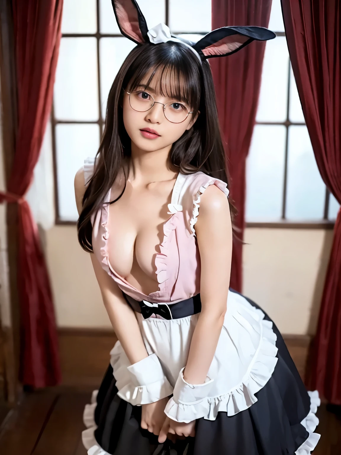 hot realistic, Highest quality, Ultra-high resolution, RAW photo, realistic, Bright lighting, face light, Smooth Professional Lighting, 1 Female, 20-year-old, Beautiful Japanese Women, Japanese idol super beauty, Realistic Skin, Realistic Skin, Real eyes and faces, Perfect model physique:1.4, Beautiful Eyes, Big eyes, Inconspicuous Tear Bags, (((Glasses))), glossy pink lips, (Small breasts:1.8), (cleavage:1.8), very good, Natural Makeup, Realistic fingers, Realistic hands, Very long hair, Brown Hair, brown eyes, seems to be happy, (Both ears are covered by hair), A photo of a bunny girl wearing a maid outfit, The character is wearing a bunny girl outfit, an adaptation of the classic maid outfit., A black and white maid outfit adorned with frills and ribbons, With rabbit ears and a tail, The background is a room in a classic Western-style mansion., The overall scene has a cute and elegant atmosphere.。
