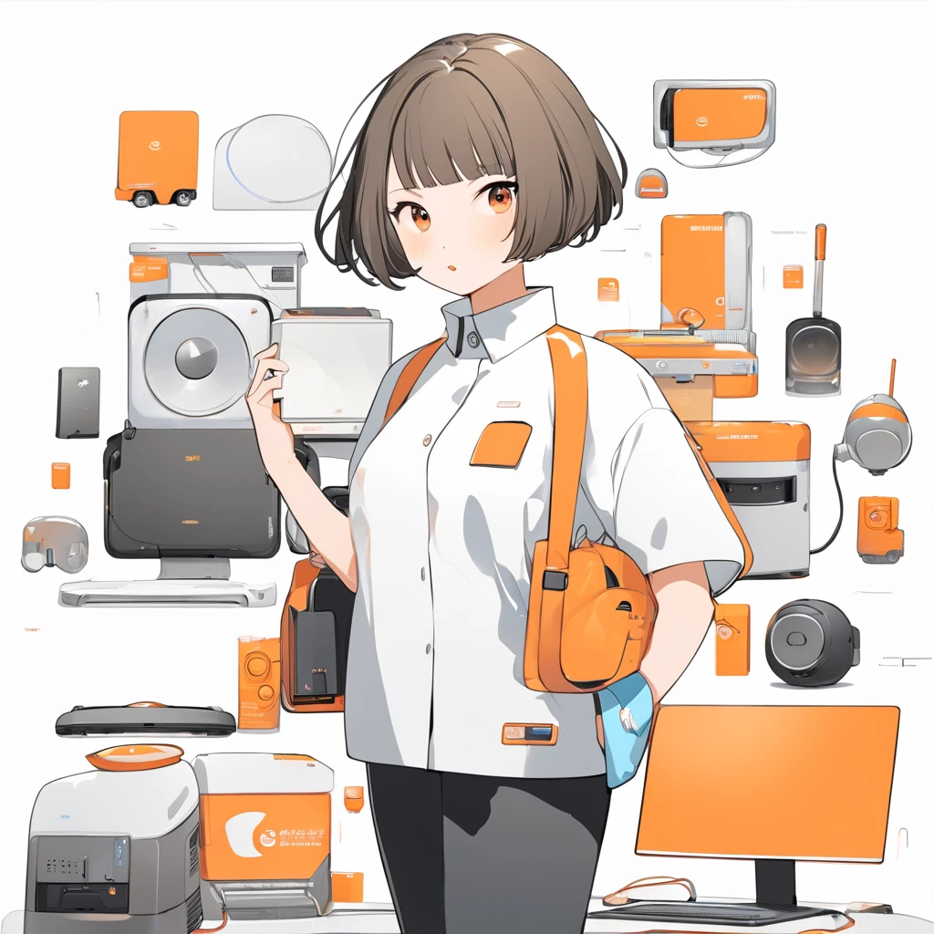 woman、 bust up、Rounded short hair、Standing with a computer in one hand、 clothes are orange、 has a white background