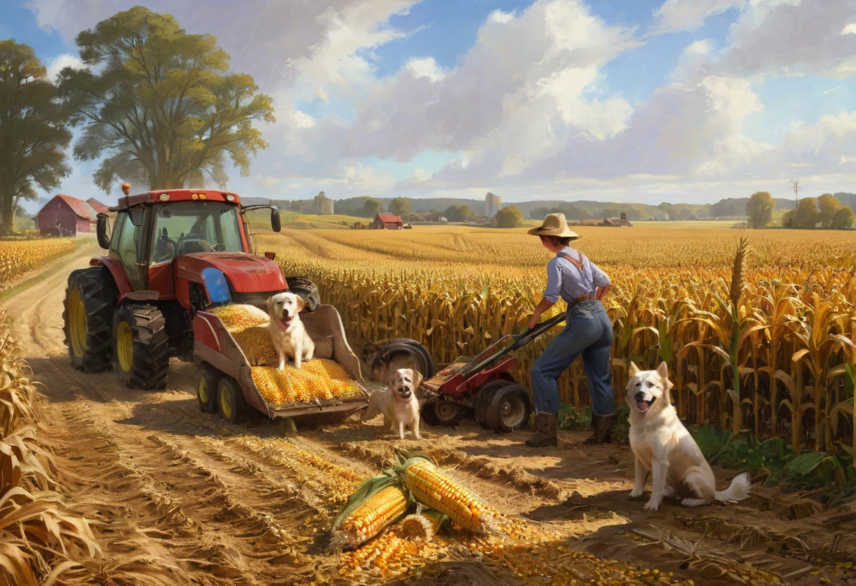 Farm Life,  a family harvesting corn in the fields with their two dogs playing around