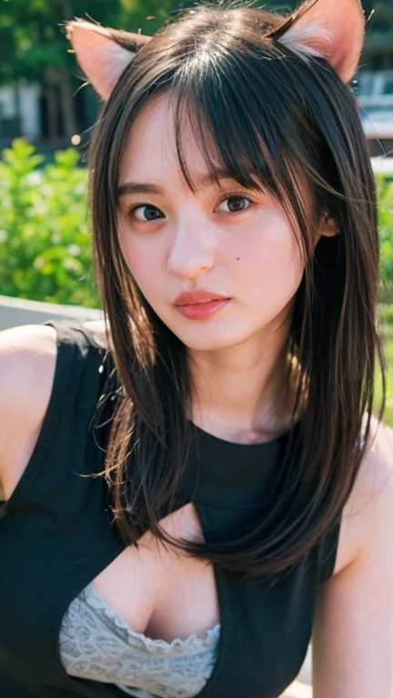 ((((masterpiece, best quality, high resolution)))), Extremely detailed 8K, Beautiful girl with voluptuous body, (Ultra HD, Ultra-detailed, Highly detailed, Highly realistic, Ultra-realistic, photograph realistic), (1girl:1.5), (Realistic white hair), short wavy black hair, bob cut, (dynamic poses), facing at camera, light smile, purple eyes, average breasts, (beautiful detailed face, beautiful detailed eyes), (white tank top, thin material), cleavage, dark jean shorts, glow, sweat, (sunbeam, sunlight)、Fishnet tights