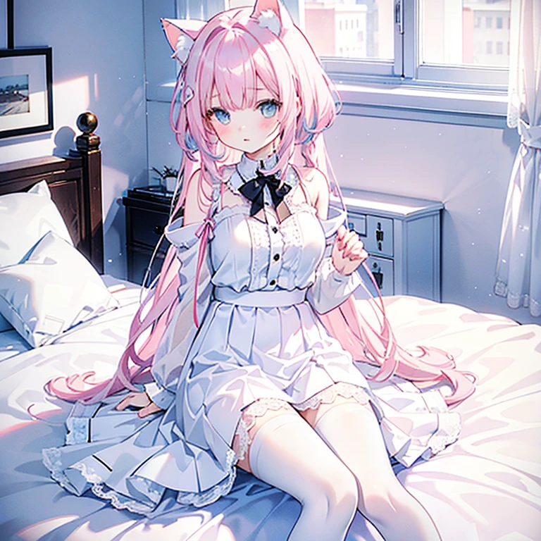  18 years old cat ear girl / hair color is : light pink hair+ Light Blue Hair ； wearing is : white lace dress and white lace miniskirt and white stockings with white panties；movement is :Unwilling to do the lifting of the skirt while sitting on the bed；There are no defects in the whole body，The whole body is in the picture 