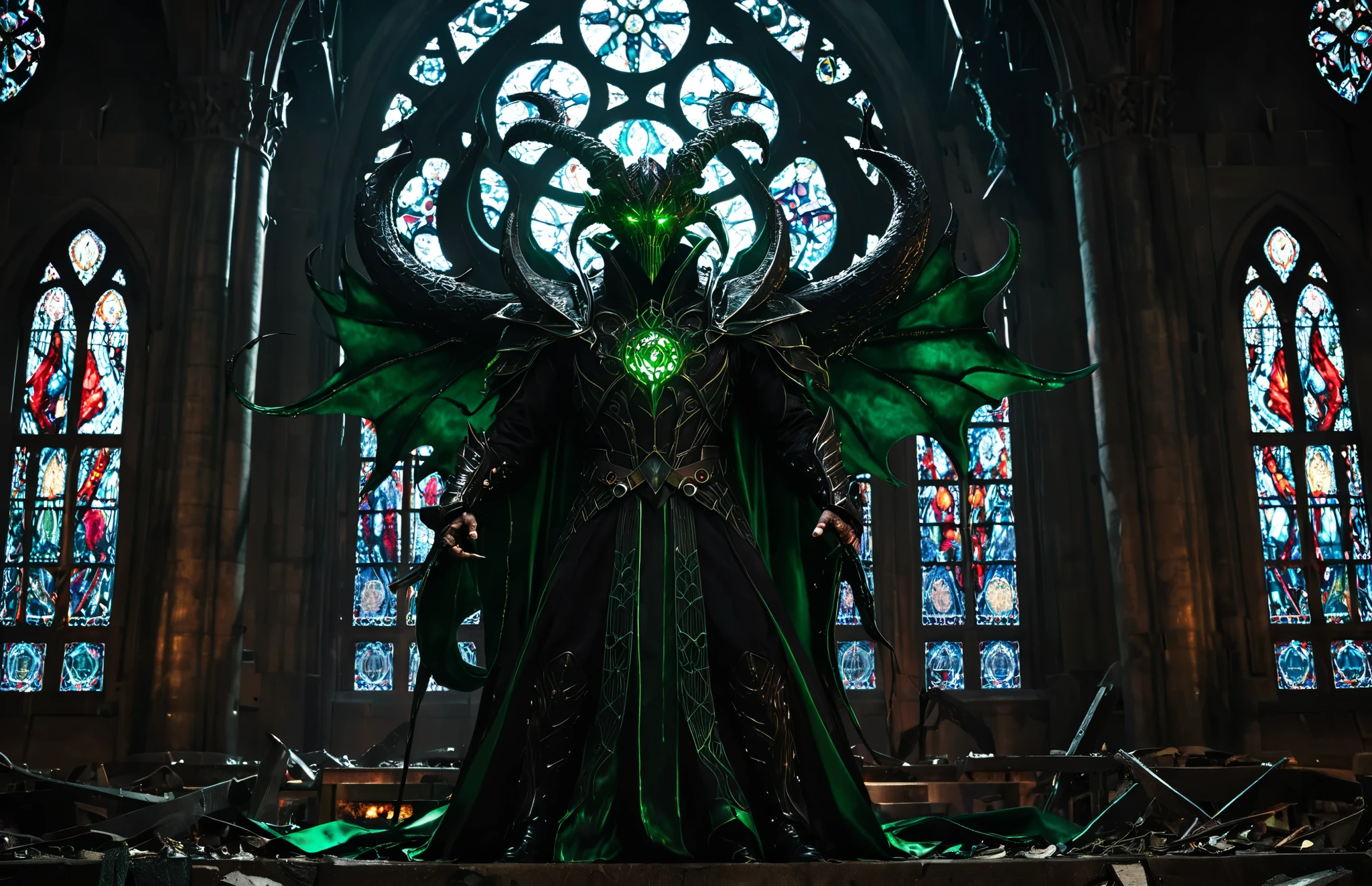 (medium full shot) of (petrifying obsidian black cracked stone gargoyle) with humanoid body , dark green eyes, twisted horns, claws, set in a grand gothic cathedral, featuring stained glass windows, flickering candlelight, a mystical ambiance, during a storm, ,Masterpiece,best quality, raw photo, realistic, very aesthetic, dark