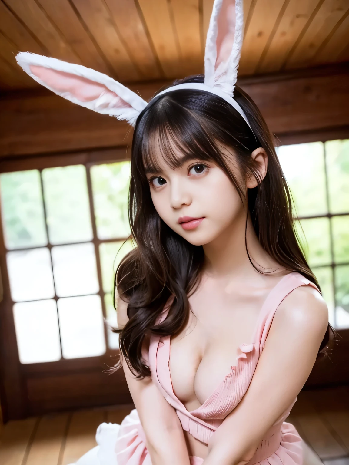 Pink Bunny Suit、 Strapless、80mm, beautiful a girl, (is wearing sexy underwears, )、(Natural Skin Texture, Hyper-Realism, Soft light, sharp), (Intricate details:0.9), (nffsw, hyperdetails:1.2), full body Esbian、thighs thighs thighs thighs、Soft light, sharp, exposure blend, medium shot, Bokeh, (nffsw:1.4), High contrast, (Muted colors, dim colors, Soothing tones:1.3), Low saturation, (hyperdetails:1.2), (Noir:0.4)