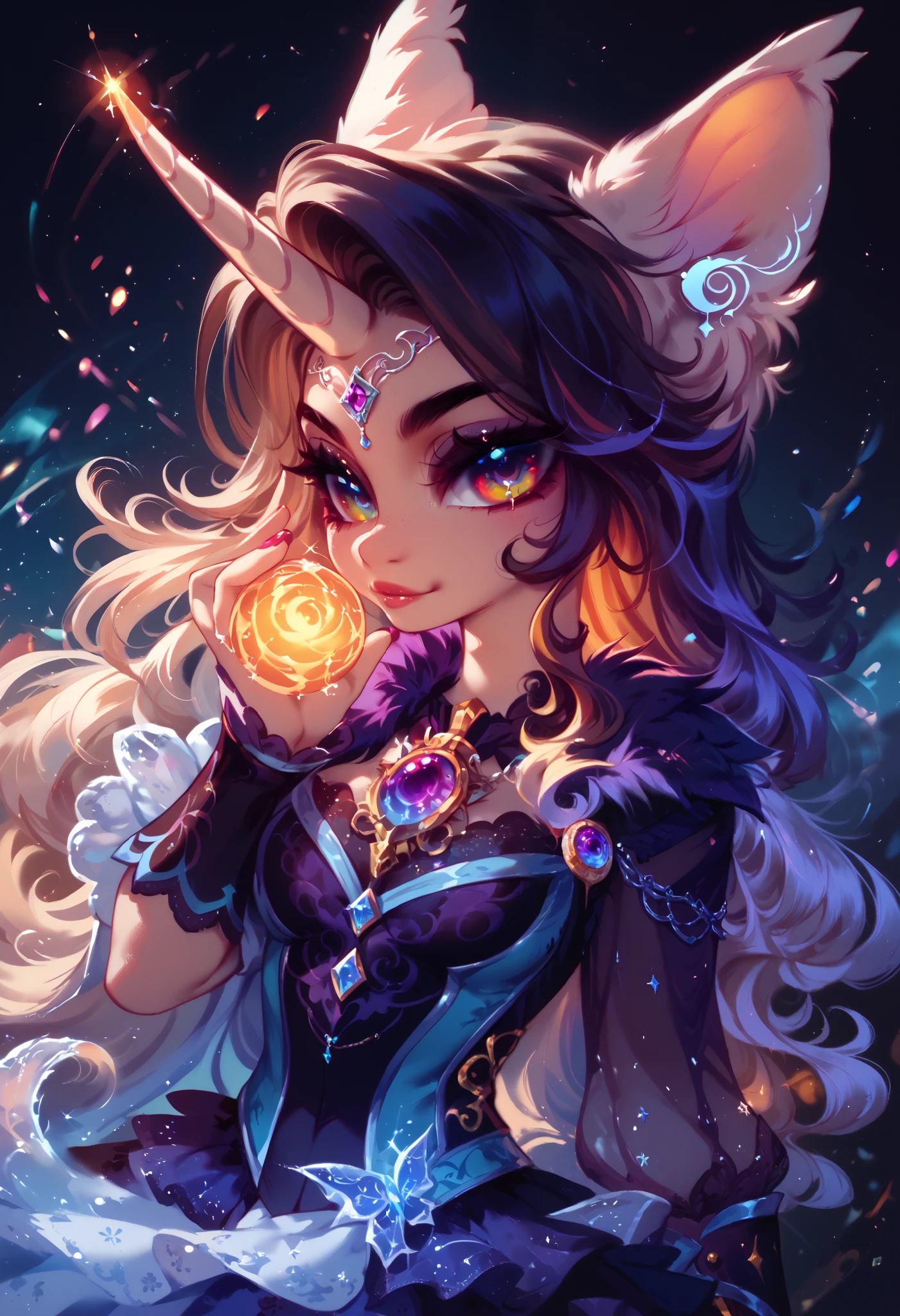 (score_9,score_8_up,score_7_up,score_6_up,score_5_up,score_4_up) dark unicorn, glowing, whimsical, enchanted, magical, fantasy art concept, intricate details,