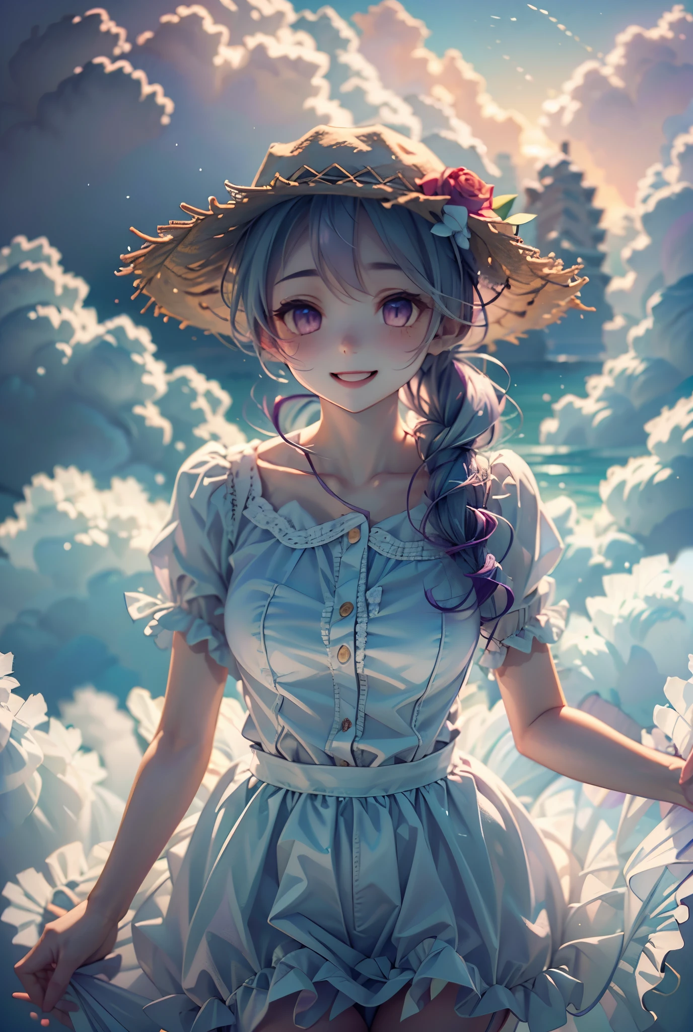  top quality , masterpiece, , , short, Big Breasts, White Hair, rose twin tail ,   purple eyes , Yukine Chris, Thin twin tails,,  Beach , sea, white dress, White Skirt,  white dress,  Straw Hat ,  (((shy))), ( happy ),  in, summer, the above,   is reaching out, smile,