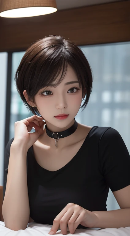  realistic ,  table top in bed,  top quality ,  RAW photos ,  1 girl, Alone,  handsome short hair,  Detailsな顔,  attractive face , Black shirt with collar, medium breasts,  Dynamic Poses ,  watching viewers , from below,  Detailsな背景,  Details,  Intricate Details ,  ray tracing ,  with the depth of the border written on it,  discreet ,  NFSDW