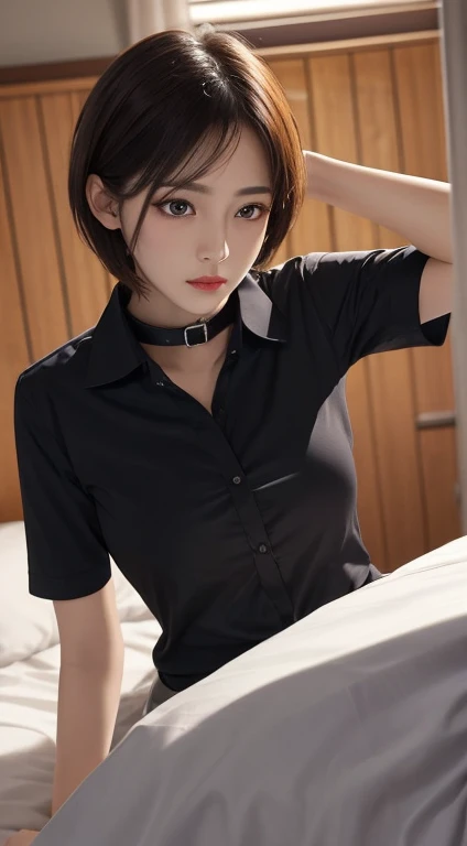  realistic ,  table top in bed,  top quality ,  RAW photos ,  1 girl, Alone,  handsome short hair,  Detailsな顔,  attractive face , Black shirt with collar, medium breasts,  Dynamic Poses ,  watching viewers , from below,  Detailsな背景,  Details,  Intricate Details ,  ray tracing ,  with the depth of the border written on it,  discreet ,  NFSDW