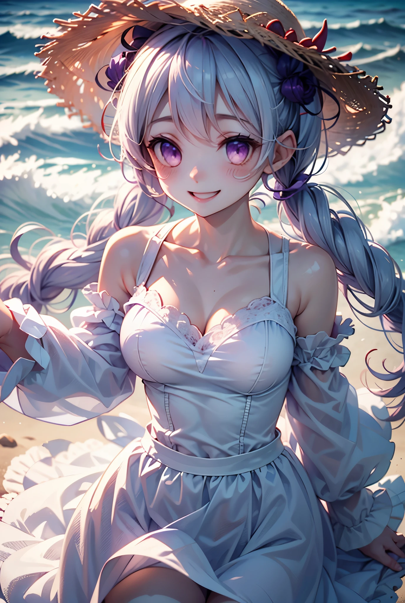  top quality , masterpiece, , , short, Big Breasts, White Hair, rose twin tail ,   purple eyes , Yukine Chris, Thin twin tails,,  Beach , sea, white dress, White Skirt,  white dress,  Straw Hat ,  (((shy))), ( happy ),  in, summer, the above,   is reaching out, smile,