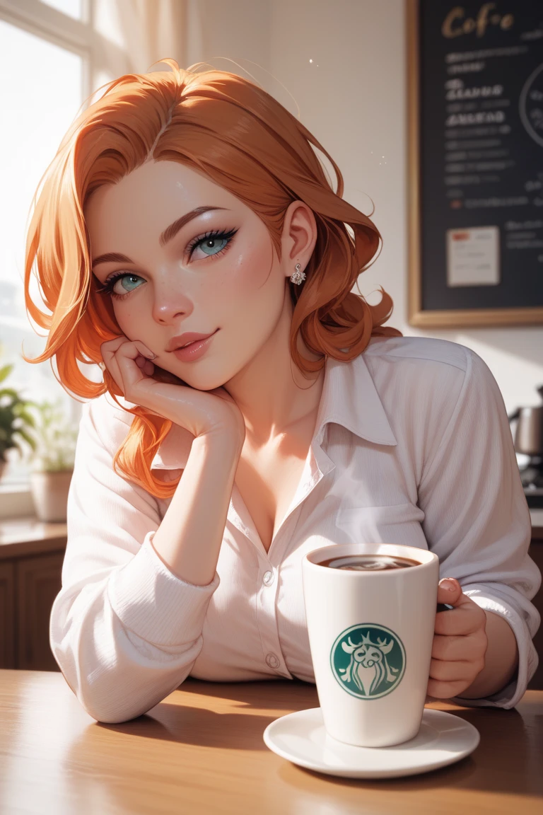 (yellow, detailed eyes), saggy ,  hyper-chest, detailing the face ,  body detail , Wet Body,  long dress ,  hair above eyes, lips, redhair,  dressed in pajamas, ((100 ,0 )),sitting at the table, inside a cafe , with a cup of coffee 