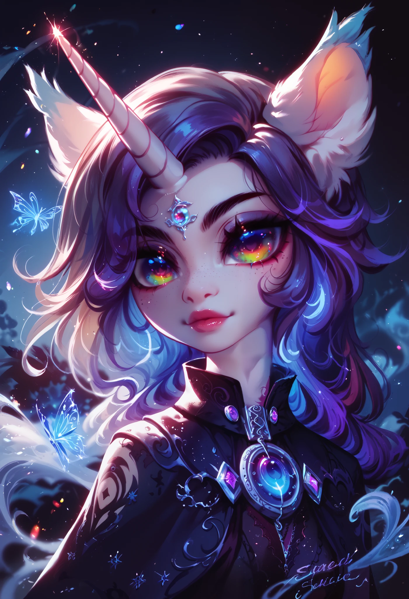 (score_9,score_8_up,score_7_up,score_6_up,score_5_up,score_4_up) dark unicorn, glowing, whimsical, enchanted, magical, fantasy art concept, intricate details,