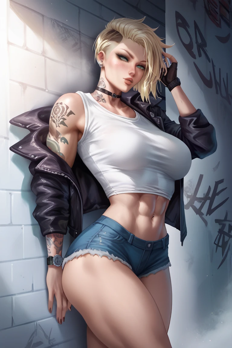 A beautiful girl with blonde undercut hair, wearing a white shirt and shorts, muscular, leaning against the wall in the alleyway, tattoo on shoulder