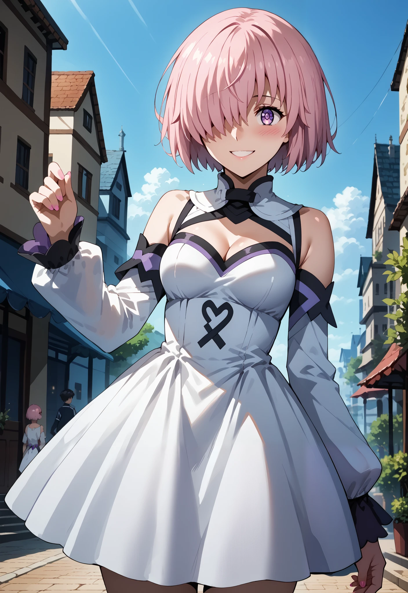 score_9, score_8_up, score_7_up, source_anime, 4K,perfect fingers,(perfect hands, perfect anatomy),
1girl, mashkyrielight, mash kyrielight, short hair, purple eyes, pink hair, hair over one eye, 
wearing ((dress, white dress, Removable sleeves), Cleavage)),,
standing,Blushing, smiling embarrassed, 