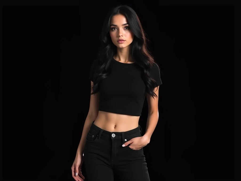 (best quality, realistic:1.37), portrait, 25-year-old girl, black t-shirt, jeans, long dark hair, beautiful detailed face, 170cm tall, hyper-realistic, super beautiful, vivid colors, studio lighting,