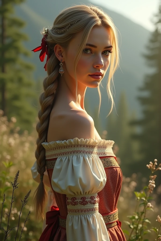 Young Latvian woman standing, wearing sexy Latvian national costume, Ukrainian ornaments, daytime, Ukrainian mountain village, detailed body, detailed face, oily body, gorgeous, surreal, seductive, cute, long braided hair, ambient light, hot summer, bokeh effect, detailed background, volumetric light, drop shadow, 8k