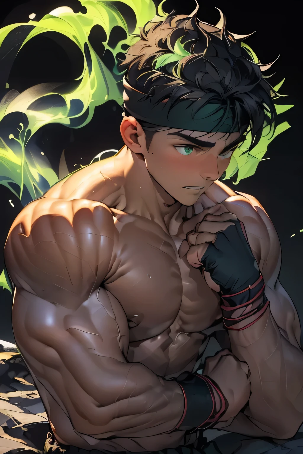 ((masterpiece, best quality, stalwart, (Depth of field:1.2))), (((((black background, deep night, upper body, looking away, side shot:1.3))))), (worm green eyes, Young boy, muscler, Shirtless, topless), ((((1boy, solo:1.2, flesh, tough, reliable, developed body)))), (Dark Short straight hair, green eyes, ((almost completely shaved hair)), under cut), (((red headband, wristband, black trouser dougi))), Vivid colors, ((big breast, big abs, big shoulder, muscular body, sturdy body, defined round and fleshy pecs, defined round and fleshy ABS, defined round and fleshy armsmuscular, well-defined muscles, shouldermuscler)), muscler!, muscler body, detailed face, detailed muscle, (((rippling muscles, Flowing energy, wearing wind to emphasize the power of his aura. Highlight his aura, blue and green aura effect, wearing energy stream, charge aura energy his right arm, (Lying back:1.3, I grit my teeth and endure, Weakness))))