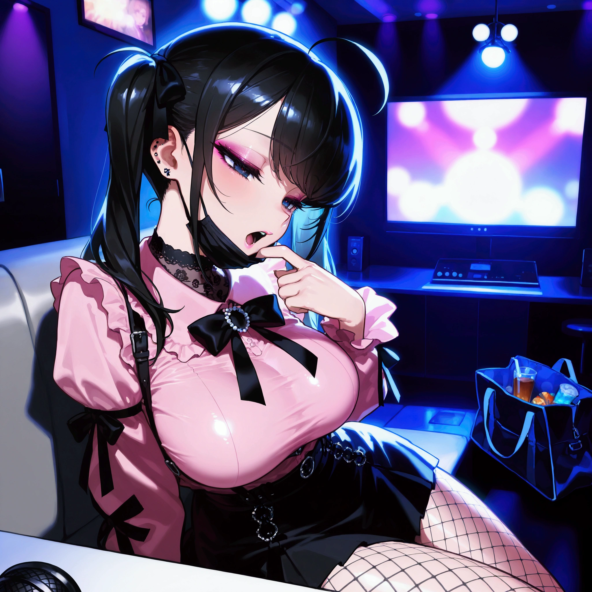 (pov), Karaoke, indoors, sitting, mask pull down, singing, cowboy shot, half closed eyes, jirai cute girl,cute face,clear skin,shiny hair,ultra detailed eyes, jirai kei, black hair, bow, twintails, bag,pink shirt,black skirt,ahoge, black mouth mask, large breasts, taut clothes, jirai makeup, fishnet tights, 10 デニール, (best quality,4k,8k,highres,masterpiece:1.2),ultra-detailed,intricate details, high fashion, dramatic lighting, cool colors, chiaroscuro