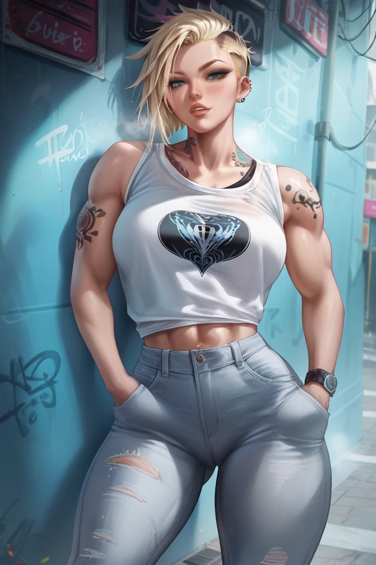 A beautiful girl with blonde undercut hair, wearing a white shirt and ripped jeans, muscular, leaning against the wall in the alleyway, tattoo on shoulder, hands inside pockets