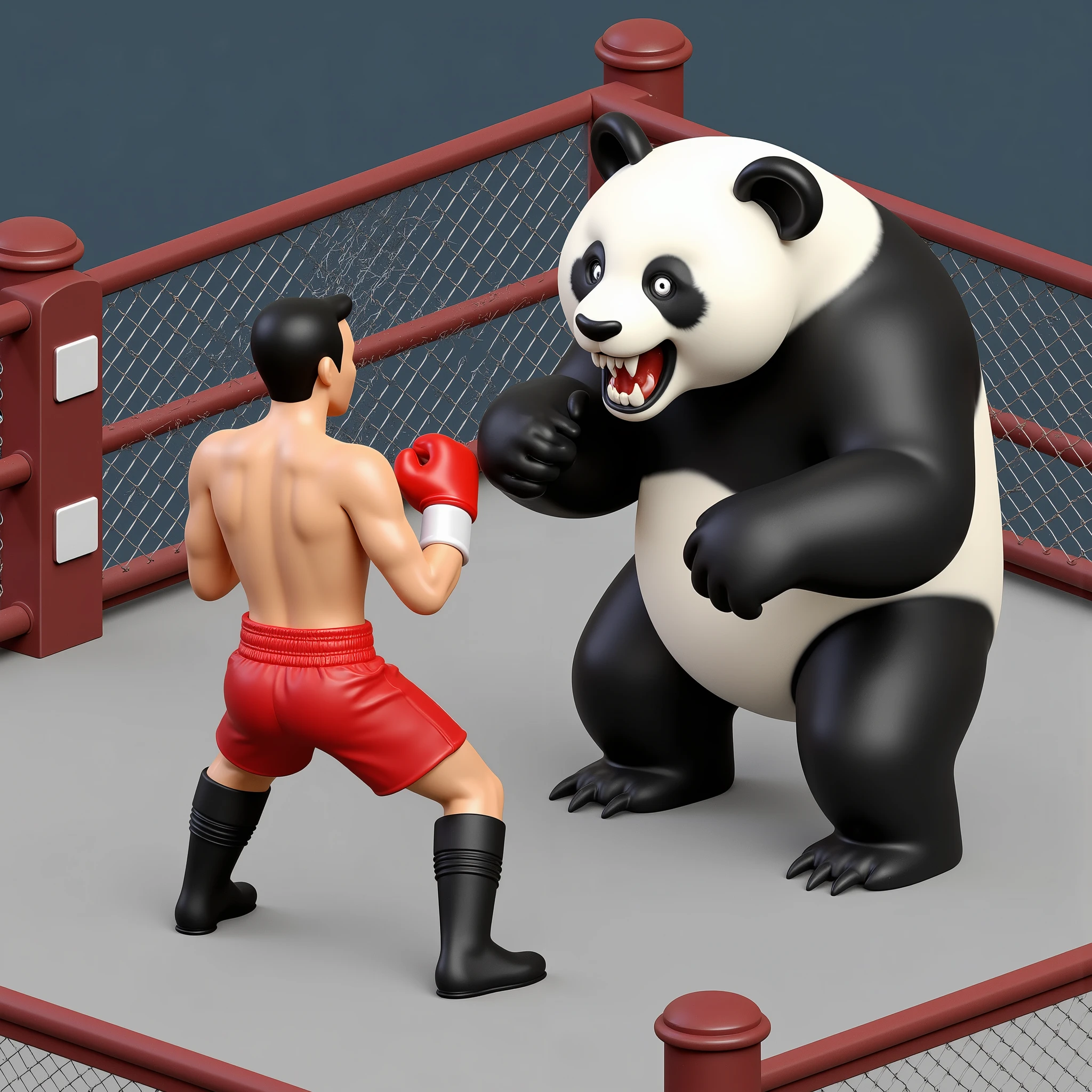 (masterpiece:1.2,Premium Quality , Mirror Finish , cinematic experience , Best illustrations:2.0, super detailed ),8k,16k,wallpaper,( Plastic Model:2.0),(Duel between Muay Thai fighter and man-eating panda:2.0),( 3d isometric diorama  :2.0),( cute:2.0),( minimalist:2.0),( wire mesh deathmatch:2.0),( Matte Paint :2.0),( 1 Muay Thai fighter:2.0),(1 cannibal panda :2.0)