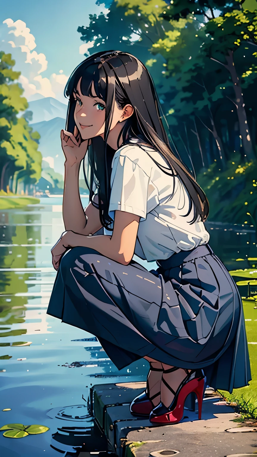    ((masterpiece, high resolution, better quality, better details)), ((Smiling)), ((one girl)) a girl kneeling by a serene lakeside, full body, wearing a long denim skirt and a casual t-shirt, ((long skirt without openings)), ((Louboutin high heels)), green eyes, ((black hair, long hair)), shiny skin, ((side view)), solo, from the, full body, focus full body, with a gentle breeze and rippling water