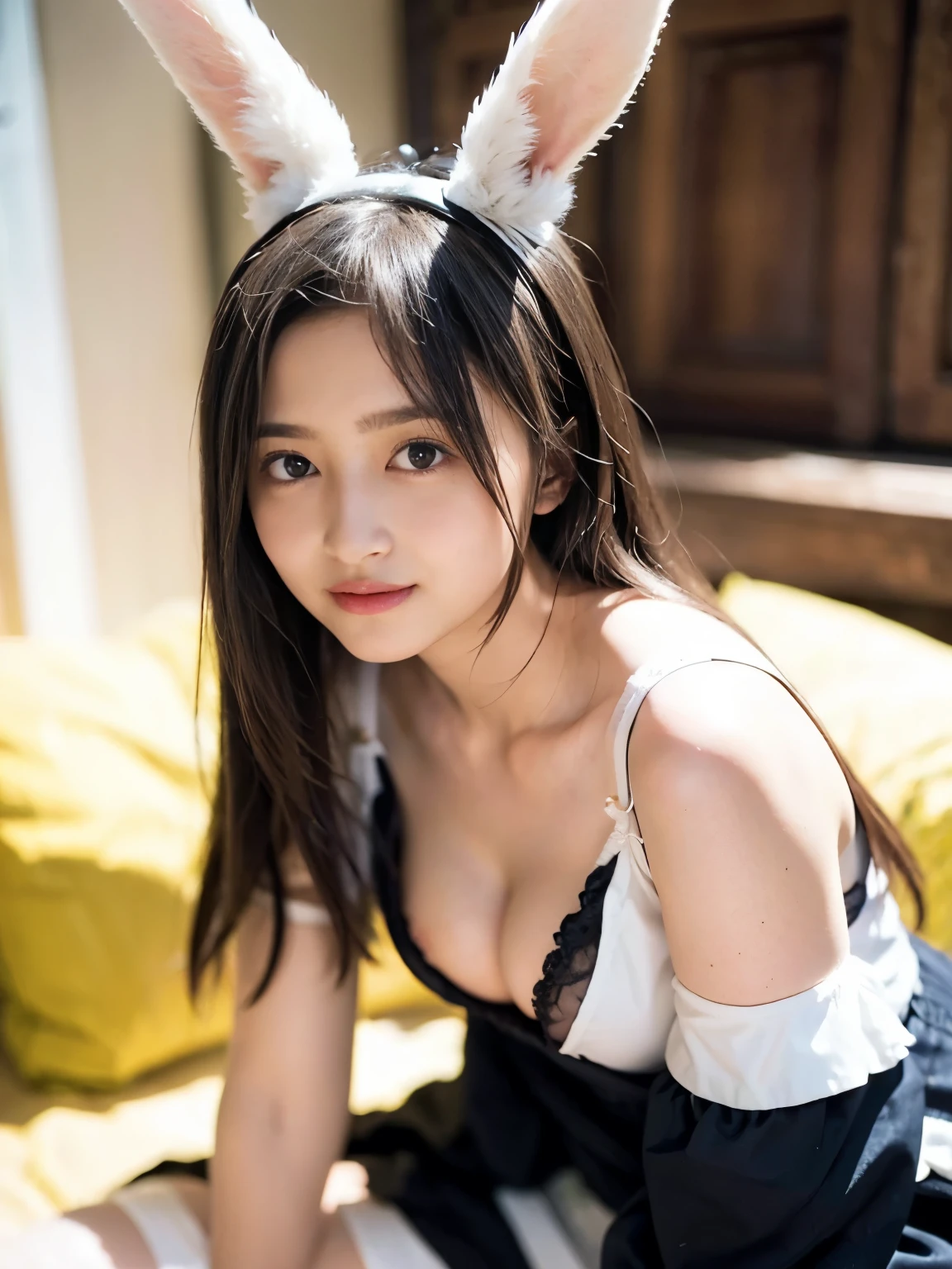hot realistic, Highest quality, Ultra-high resolution, RAW photo, realistic, Bright lighting, face light, Smooth Professional Lighting,full body photo, 1 Female, 20-year-old, Beautiful Japanese Women, Japanese idol super beauty, Realistic Skin, Realistic Skin, Real eyes and faces, Perfect model physique:1.4, Beautiful Eyes, Big eyes, Inconspicuous Tear Bags, glossy pink lips, (Small breasts:1.8), (cleavage:1.8), very good, Natural Makeup, Realistic fingers, Realistic hands, Very long hair, Brown Hair, brown eyes, seems to be happy, (Both ears are covered by hair), A photo of a bunny girl wearing a maid outfit, The character is wearing a bunny girl outfit, an adaptation of the classic maid outfit., A black and white maid outfit adorned with frills and ribbons, With rabbit ears and a tail, The background is a room in a classic Western-style mansion., The overall scene has a cute and elegant atmosphere.。