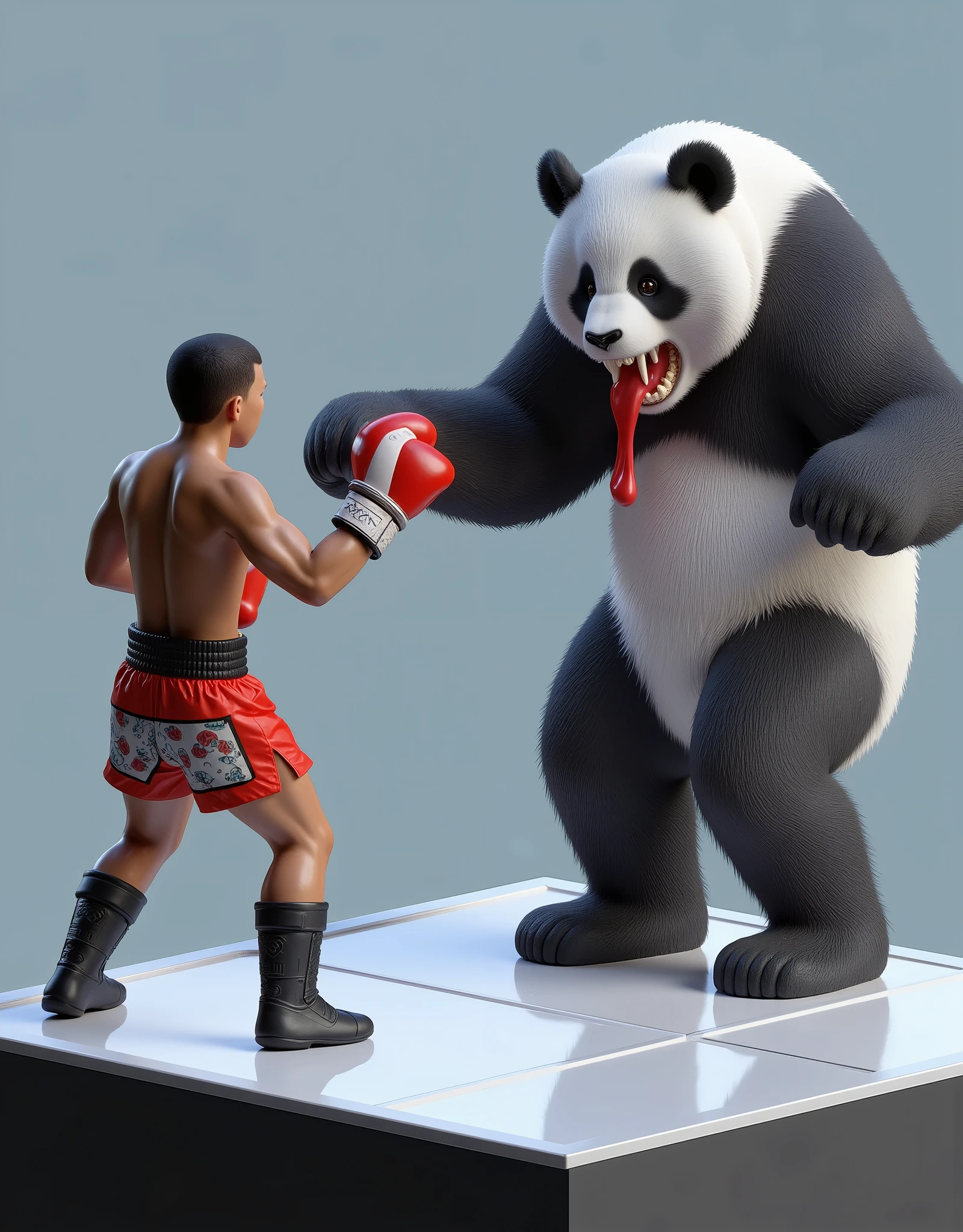 (masterpiece:1.2,Premium Quality , Mirror Finish , cinematic experience , Best illustrations:2.0, super detailed ),8k,16k,wallpaper,( Plastic Model:2.0),(Duel between Muay Thai fighter and man-eating panda:2.0),( 3d isometric diorama  :2.0),( cute:2.0),( minimalist:2.0),( wire mesh deathmatch:2.0),( Matte Paint :2.0),( 1 Muay Thai fighter:2.0),(1 cannibal panda :2.0)