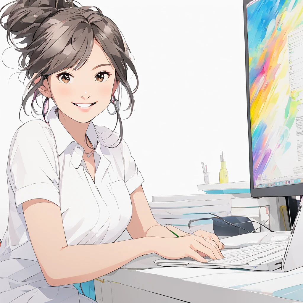 Woman 、 looking at me and smiling while working on a computer、The background is plain white、