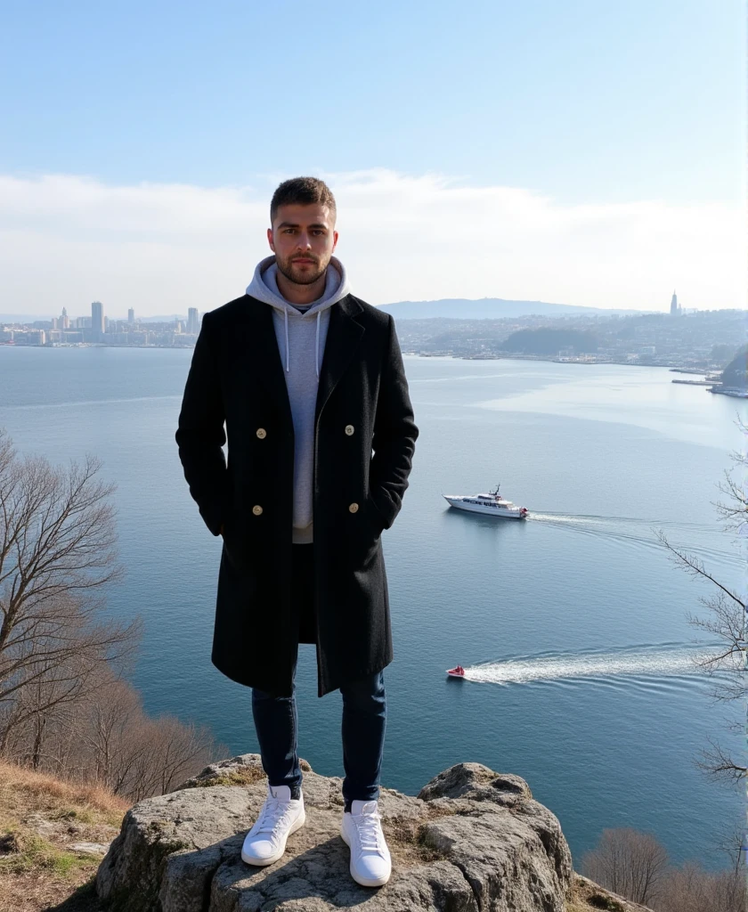 Masterpiece:1.3), (8K, Photorealistic, RAW photo, Best Quality: 1.4)A young man stands on a rugged cliff overlooking a tranquil Scandinavian bay. The scene captures a crisp winter morning with icy blue skies streaked by soft, wispy clouds. The man wears a long black coat with neatly buttoned lapels and white sneakers. His grey hoodie adds a casual contrast to his formal coat, the hood pulled up to shield him from the brisk chill. The distant cityscape across the bay glimmers with sunlight, showcasing a harmonious mix of modern towers and classic Nordic architecture. A solitary boat glides smoothly across the water, leaving a delicate wake. Bare, leafless trees and patches of moss on the rocky outcrop add an organic texture, enhancing the serene, introspective mood of the moment.