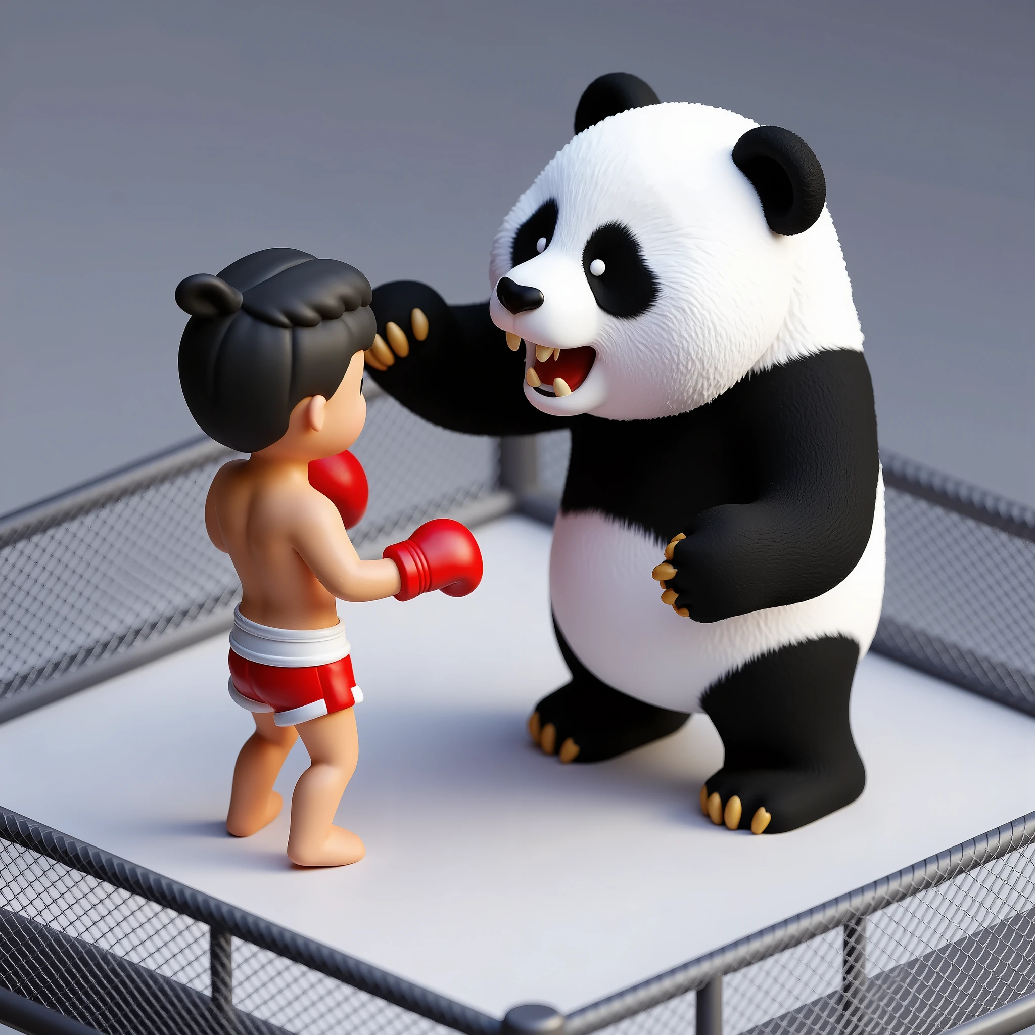 (masterpiece:1.2,Premium Quality , Mirror Finish , cinematic experience , Best illustrations:2.0, super detailed ),8k,16k,wallpaper,( Plastic Model:2.0),(Duel between Muay Thai fighter and man-eating panda:2.0),( 3d isometric diorama  :2.0),( cute:2.0),( minimalist:2.0),( wire mesh deathmatch:2.0),( Matte Paint :2.0),( 1 Muay Thai fighter:2.0),(1 cannibal panda :2.0)