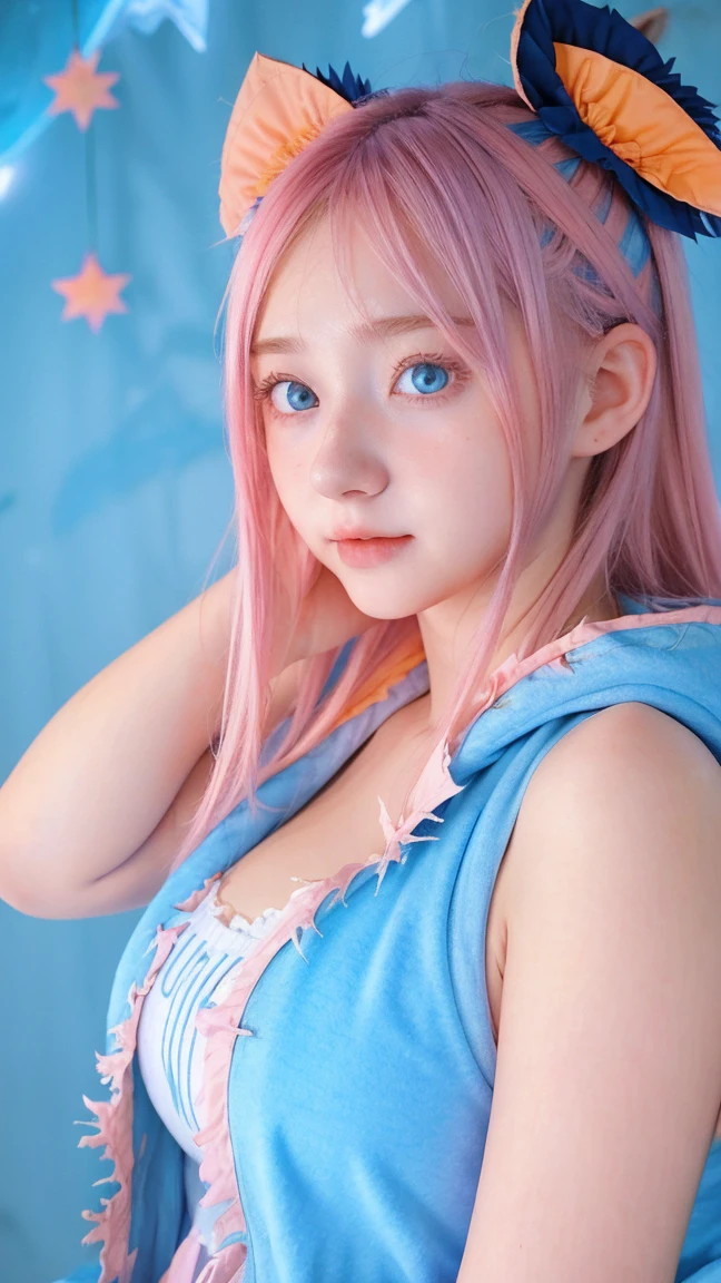 Gorgeus Girl, Beautiful, Baby Face, 20 Years Old, White Skin, Colossal Breasts, ((Anime Cosplay Coatumes)), Pastel Colour, Blue Eye, Halloween Background, Masterpiece, Pink Hair, Sleeveless, Front Fancing, ((Potrait:1.1))