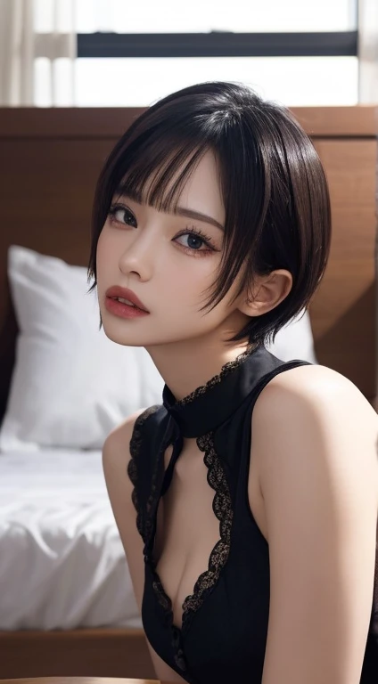 One Woman、short hair、cute、Straight hair、whole body、Small breasts、On the bed、On all fours、Turn your ass towards me、Tilt your face、Sexy pose