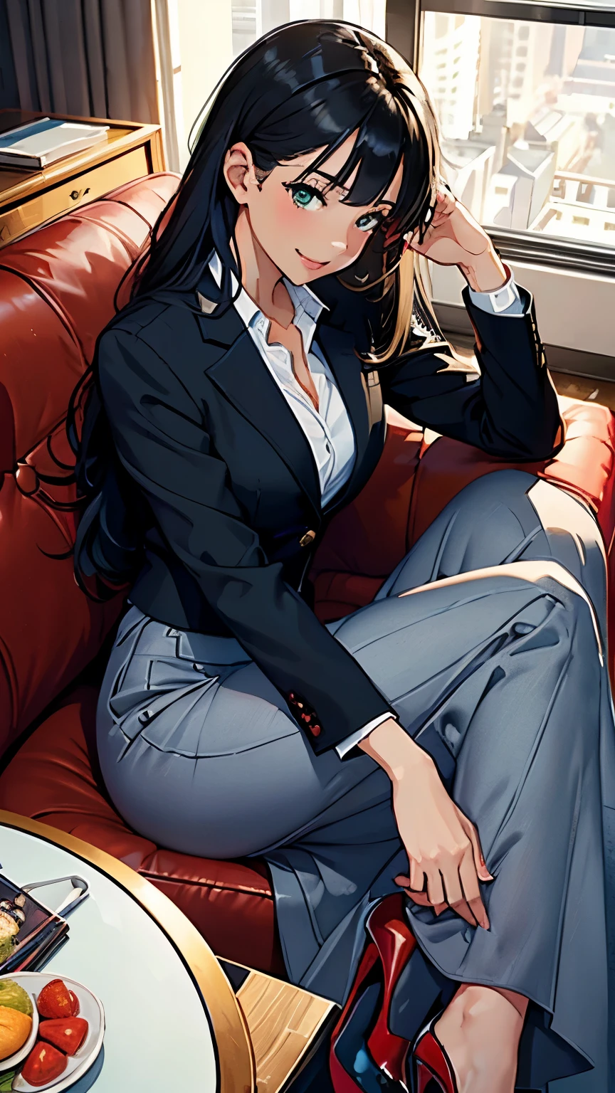 Long black hair, dark brown skin, brown eyes, suit, suit jacket over shoulder, white button up unbuttoned and loose, tough expression, cold expression, scars, female, woman, sitting, open legs, black suit, black suit jacket, open white buttoned shirt, black pants