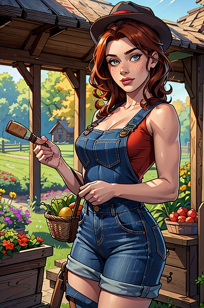 (best quality,4k,8k,highres,masterpiece:1.2),ultra-detailed,realistic,red-haired girl with freckles,beautiful detailed eyes and face,smug expression,sassy attitude,cute girl,curly red hair,plaid shirt,denim overalls,hat,farmer boots,brown curly hair,long eyelashes,thick booty,farm background,holding a basket of fresh vegetables,gardening tools,morning sunlight,vivid colors,rustic style,soft lighting