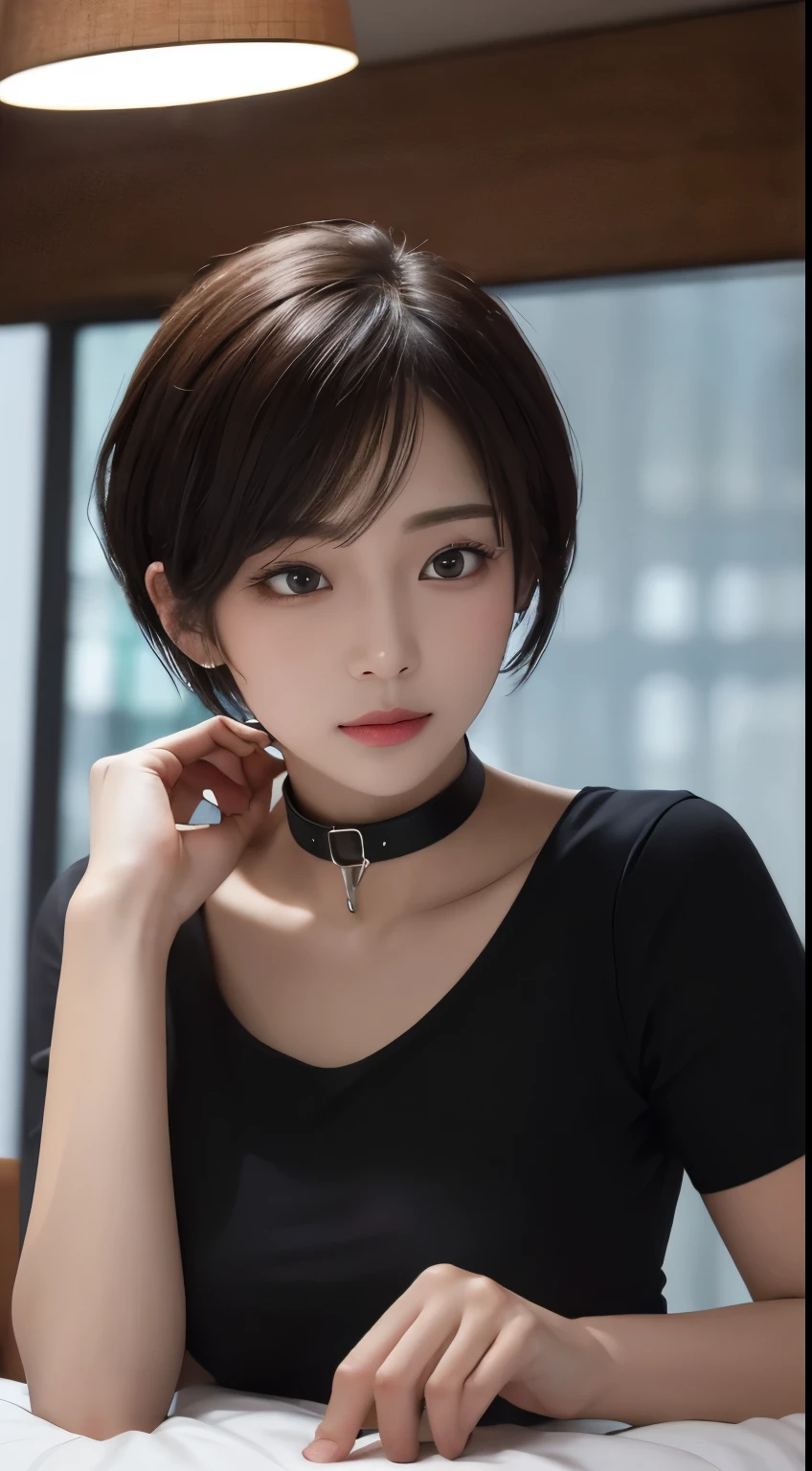  realistic ,  table top in bed,  top quality ,  RAW photos ,  1 girl, Alone,  handsome short hair,  Detailsな顔,  attractive face , Black shirt with collar, medium breasts,  Dynamic Poses ,  watching viewers , from below,  Detailsな背景,  Details,  Intricate Details ,  ray tracing ,  with the depth of the border written on it,  discreet ,  NFSDW