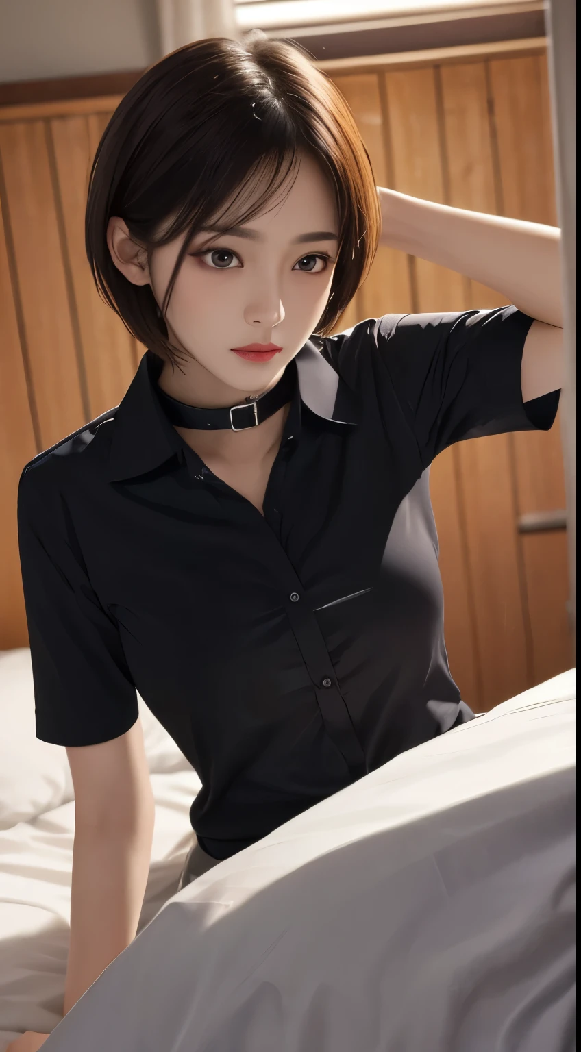  realistic ,  table top in bed,  top quality ,  RAW photos ,  1 girl, Alone,  handsome short hair,  Detailsな顔,  attractive face , Black shirt with collar, medium breasts,  Dynamic Poses ,  watching viewers , from below,  Detailsな背景,  Details,  Intricate Details ,  ray tracing ,  with the depth of the border written on it,  discreet ,  NFSDW