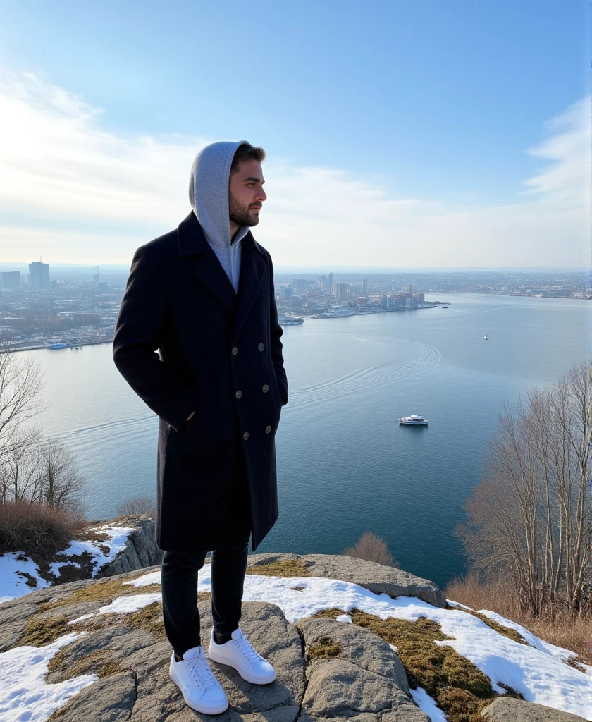 Masterpiece:1.3), (8K, Photorealistic, RAW photo, Best Quality: 1.4)A young man stands on a rugged cliff overlooking a tranquil Scandinavian bay. The scene captures a crisp winter morning with icy blue skies streaked by soft, wispy clouds. The man wears a long black coat with neatly buttoned lapels and white sneakers. His vintage grey hoodie on his head is a vintage deep gray colour, with a soft and casual fabric that appears cozy and well-fitted. The hood is pulled up over his head, framing his face gently and slightly overlapping the lapels of his long black coat. The distant cityscape across the bay glimmers with sunlight, showcasing a harmonious mix of modern towers and classic Nordic architecture. A solitary boat glides smoothly across the water, leaving a delicate wake. Bare, leafless trees and patches of moss on the rocky outcrop add an organic texture, enhancing the serene, introspective mood of the moment.