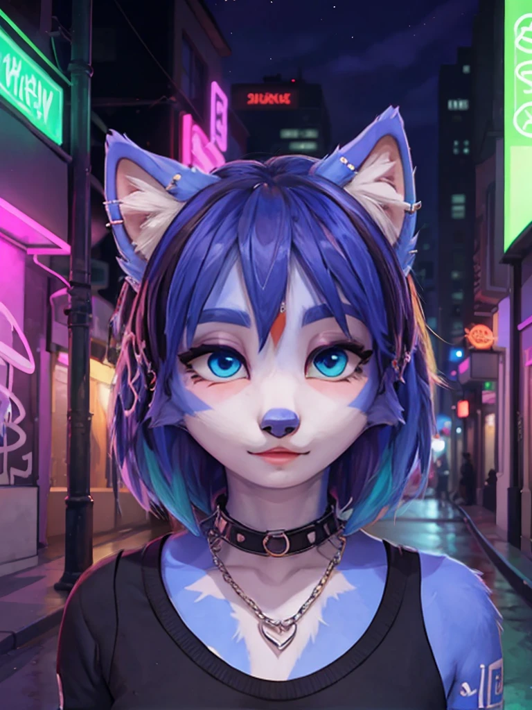 Portrait,((krystal)), Star Fox-Krystal, lovable, green eyes, (((  Long blue hair 1  .3))), Decollete, anthro, blurred,  detailed Fluffys fell,   detailed face  , (Fluffy),   1 girl, ,woman, Goth, green eyes, Undercut, Ultra-realistic 8k CG  ,   masterpiece, ((  ultra-accurate backgrounds, delicate patterns,   complex part  )),   best quality ,   complex part  s,   chromatic aberration,   1 girl, full height  ,   long hair, dirty hair,   red markings  ,   hair over one eye , Sharp eyes, Necklace, , colorful graffiti, Hallo, dim light,   roadway  ,   masterpiece,   best quality , , Score_9, Score_8_high, Score_7_high, emo haircut :1.4