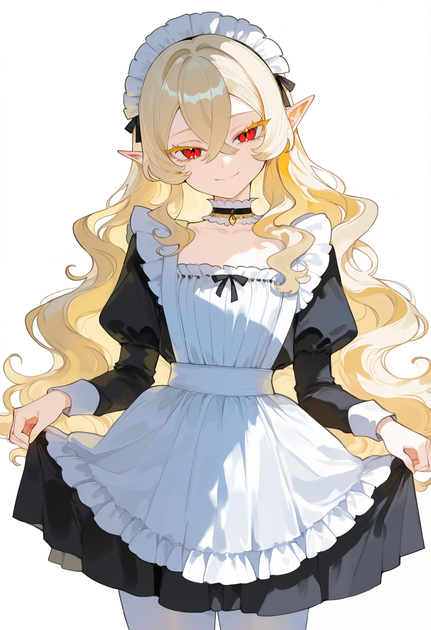 1girl, solo, blonde hair, wavy hair, crossed bangs, hair between eyes, yellow eyelashes, red eyes, pointy ears, maid, English maid, apron, choker, frills, maid headdress, skirt hold, delicate hands, white pantyhose, neutral, smile, head tilt, serene, beautiful, upper body, sharp focus, looking at viewer, outlines, white background, masterpiece, score_9, score_8_up, score_7_up