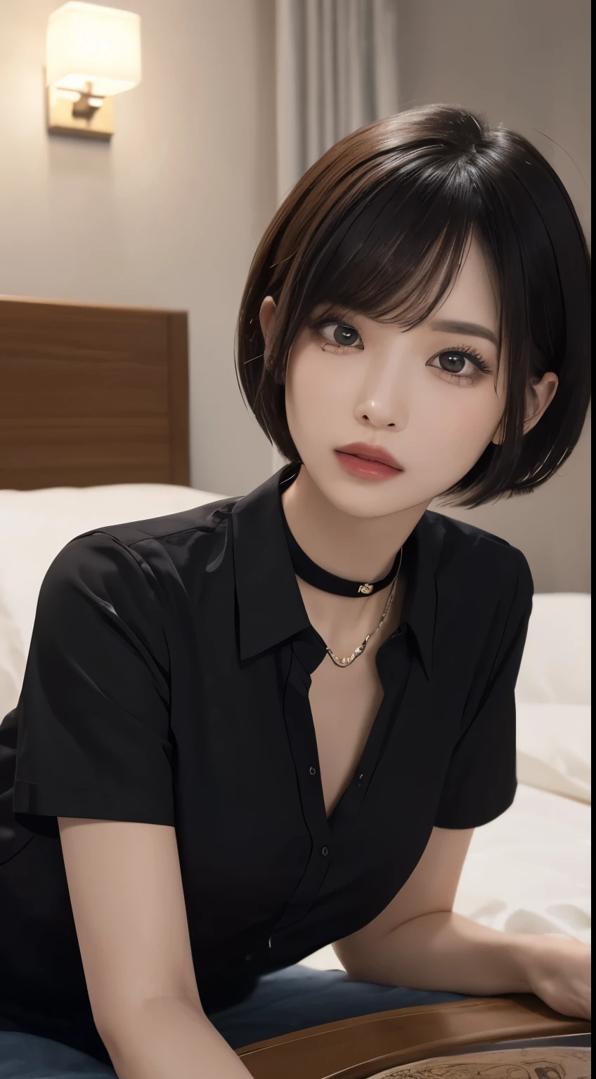 realistic , table top in bed, top quality , RAW photos , 1 girl, Alone, handsome short hair, Detailsな顔, attractive face , Black shirt with collar, medium breasts, Dynamic Poses , watching viewers , from below, Detailsな背景, Details, Intricate Details , ray tracing , with the depth of the border written on it, discreet , NFSDW
