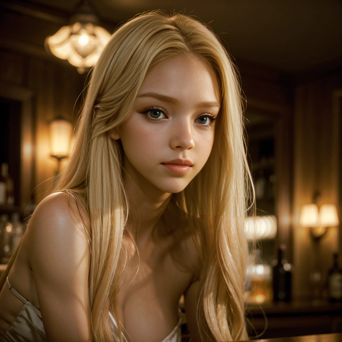 A close-up image of a young woman with long blonde hair and a subtle, thoughtful expression. Her hair flows naturally around her shoulders, and her facial features are softly illuminated, highlighting her bright eyes and pink lips. The background is blurred and dark, featuring faint vertical lights or reflections that suggest an indoor setting, perhaps a dimly lit bar or lounge. The lighting creates a warm, intimate atmosphere, drawing focus to her serene and introspective gaze.