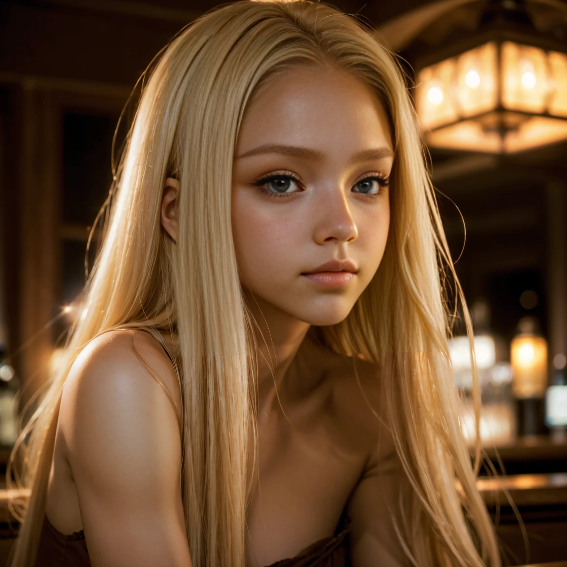 A close-up image of a young woman with long blonde hair and a subtle, thoughtful expression. Her hair flows naturally around her shoulders, and her facial features are softly illuminated, highlighting her bright eyes and pink lips. The background is blurred and dark, featuring faint vertical lights or reflections that suggest an indoor setting, perhaps a dimly lit bar or lounge. The lighting creates a warm, intimate atmosphere, drawing focus to her serene and introspective gaze.